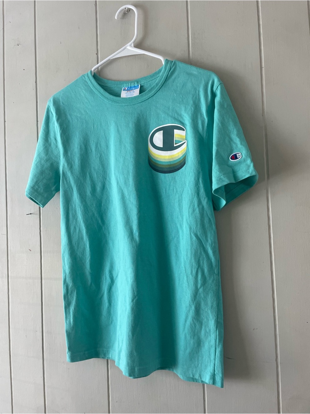 Vintage Champion Teal T-Shirt Men’s Small S Script Logo Tee Embroidered Sleeve